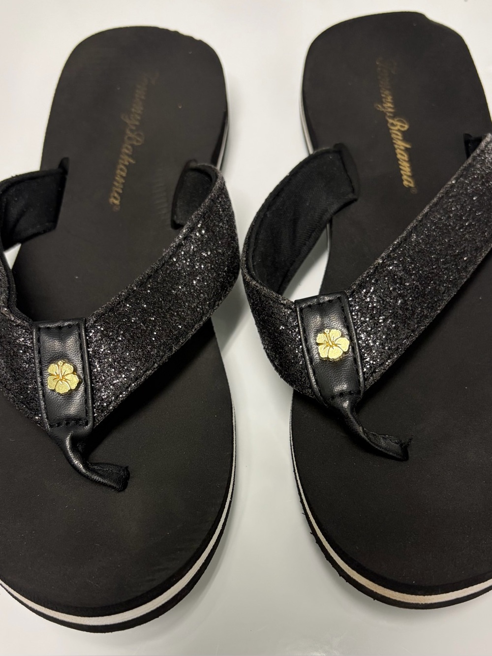 Tommy Bahama Black Glitter Thong Sandals with Gold Flower Accent